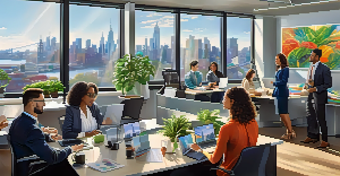 A diverse group of employees working together in a bright office, with laptops and coffee cups on a large table. The city skyline is visible through the windows, enhancing the lively atmosphere.
