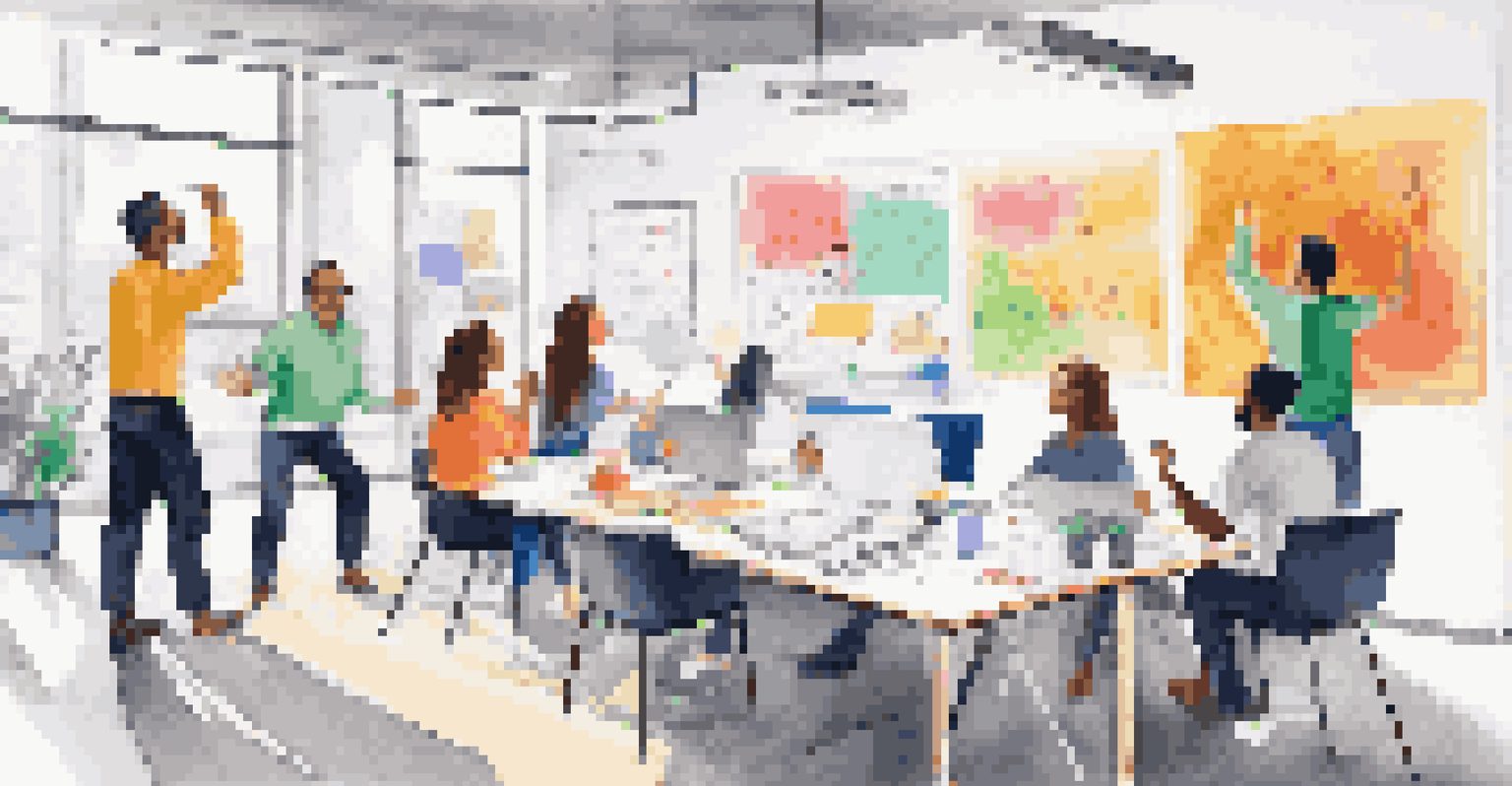 A vibrant brainstorming session with team members collaborating on a colorful whiteboard in a modern workspace.
