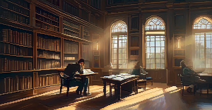 A peaceful library with a person reflecting over books and coffee, illuminated by sunlight.