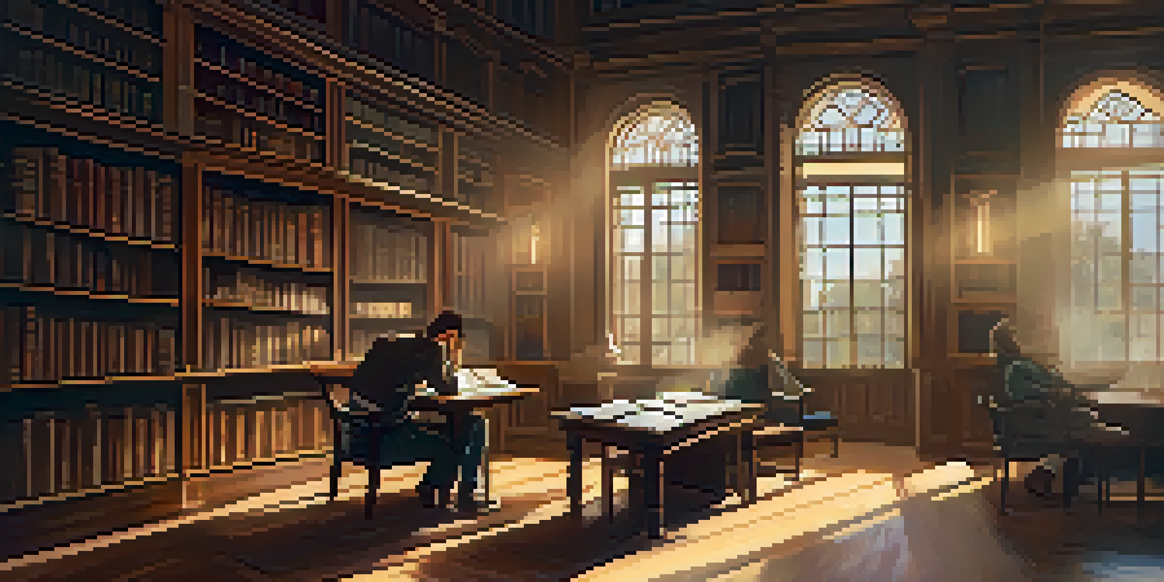 A peaceful library with a person reflecting over books and coffee, illuminated by sunlight.