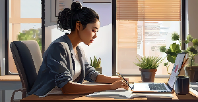 A young Asian woman working at a modern desk, engaged in reviewing internship applications on a laptop, surrounded by motivational quotes and a potted plant.