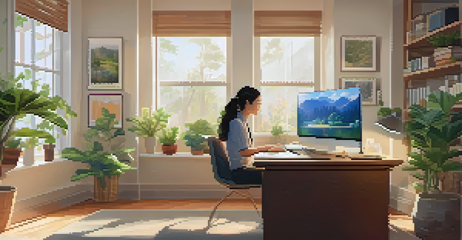 A person in a home office engaged in a video call with colleagues on a laptop, surrounded by plants and books.