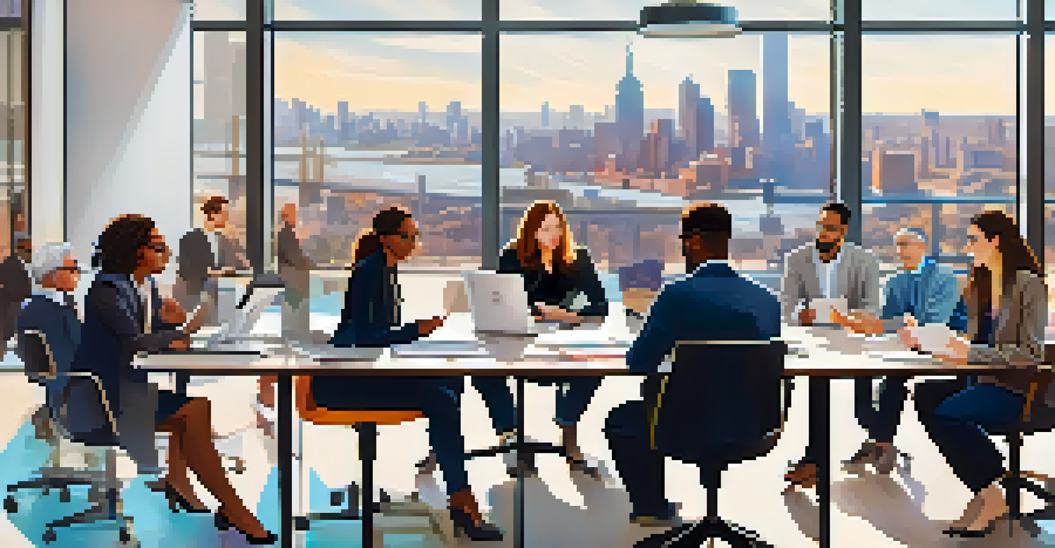 A diverse team of professionals engaged in a collaborative meeting around a large table in a bright office space, with cityscape visible through the windows.