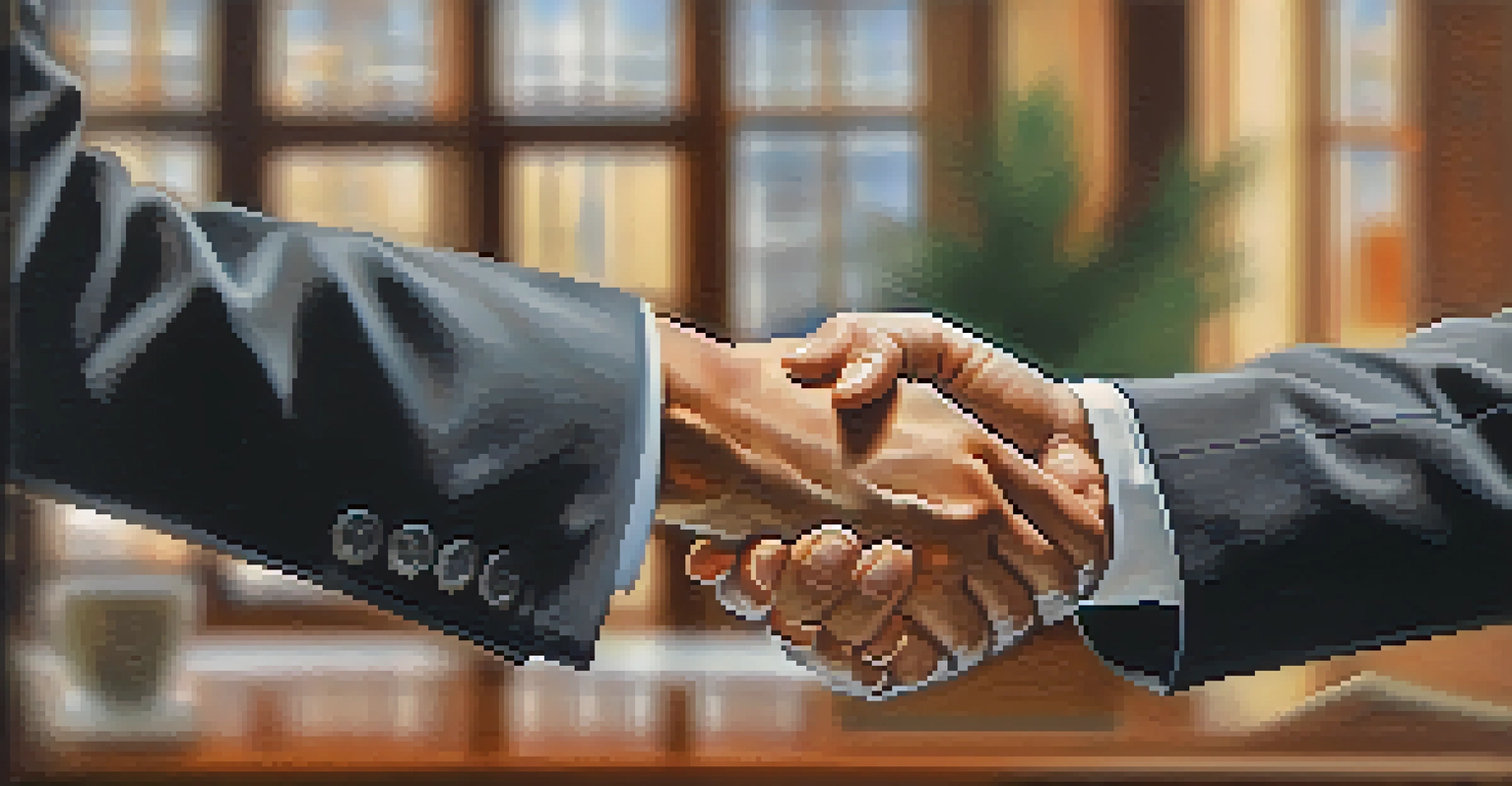 A close-up of a firm handshake in an office setting, symbolizing professionalism and a successful interview.