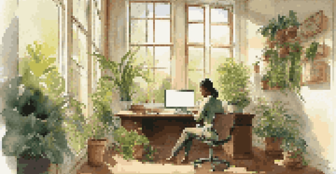 A person in a serene office environment, contemplating their career change with a laptop and notepad, surrounded by plants and sunlight.
