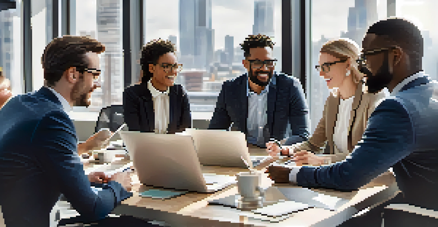 A diverse group of professionals discussing in a modern office setting, with laptops and notepads, actively engaging in a LinkedIn group discussion.