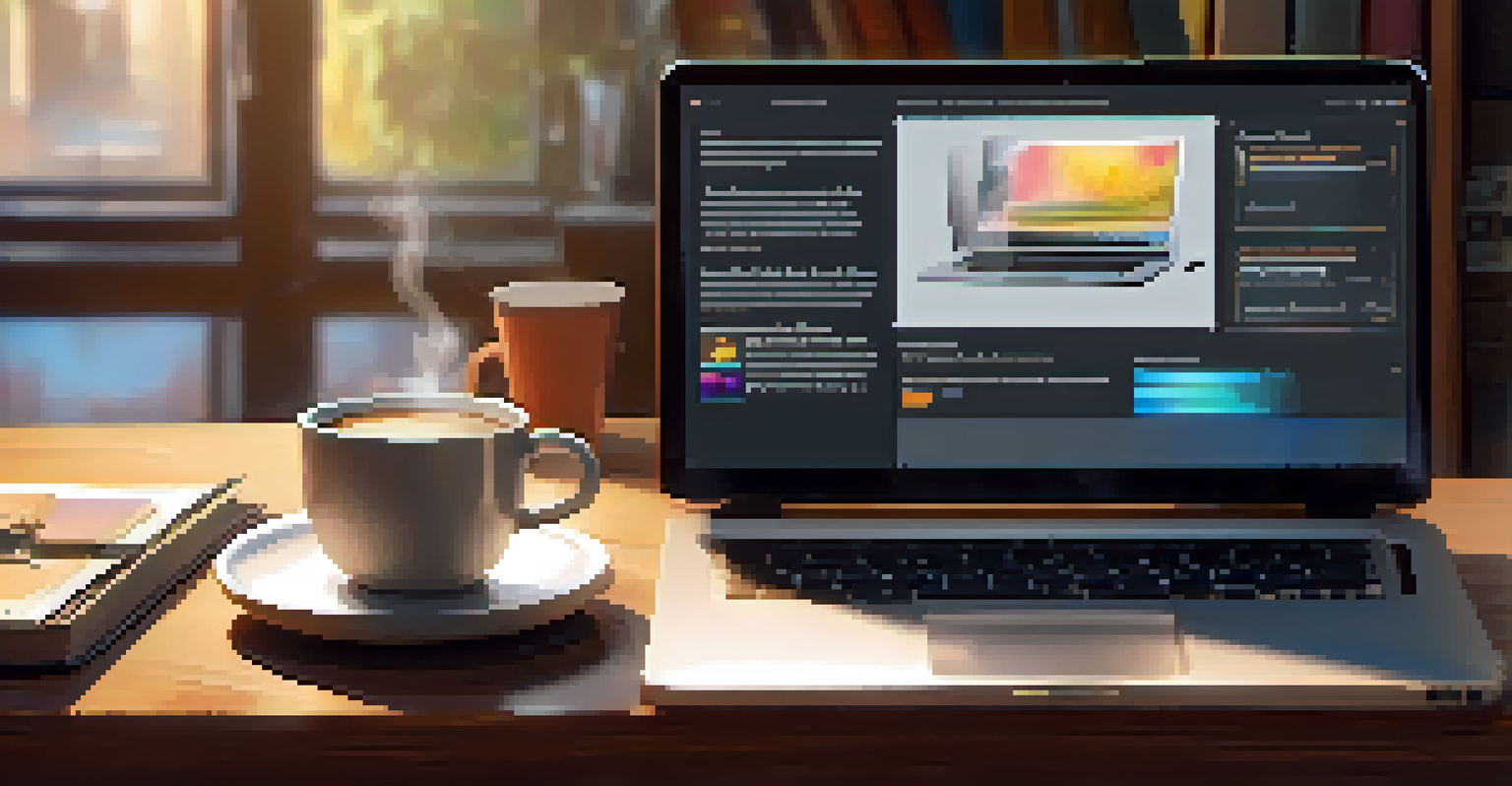 A cozy learning space with an open laptop showing a digital course on digital literacy, surrounded by books, notebooks, and a cup of coffee, illuminated by soft lighting.