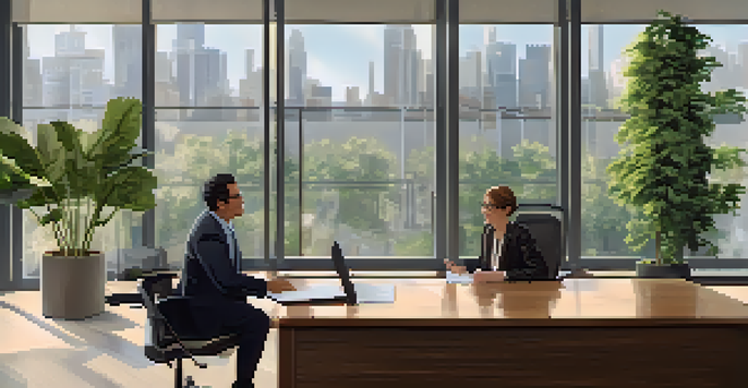 A young man in a blazer interviewing with a middle-aged woman in a modern office setting, with natural light and plants in the background.