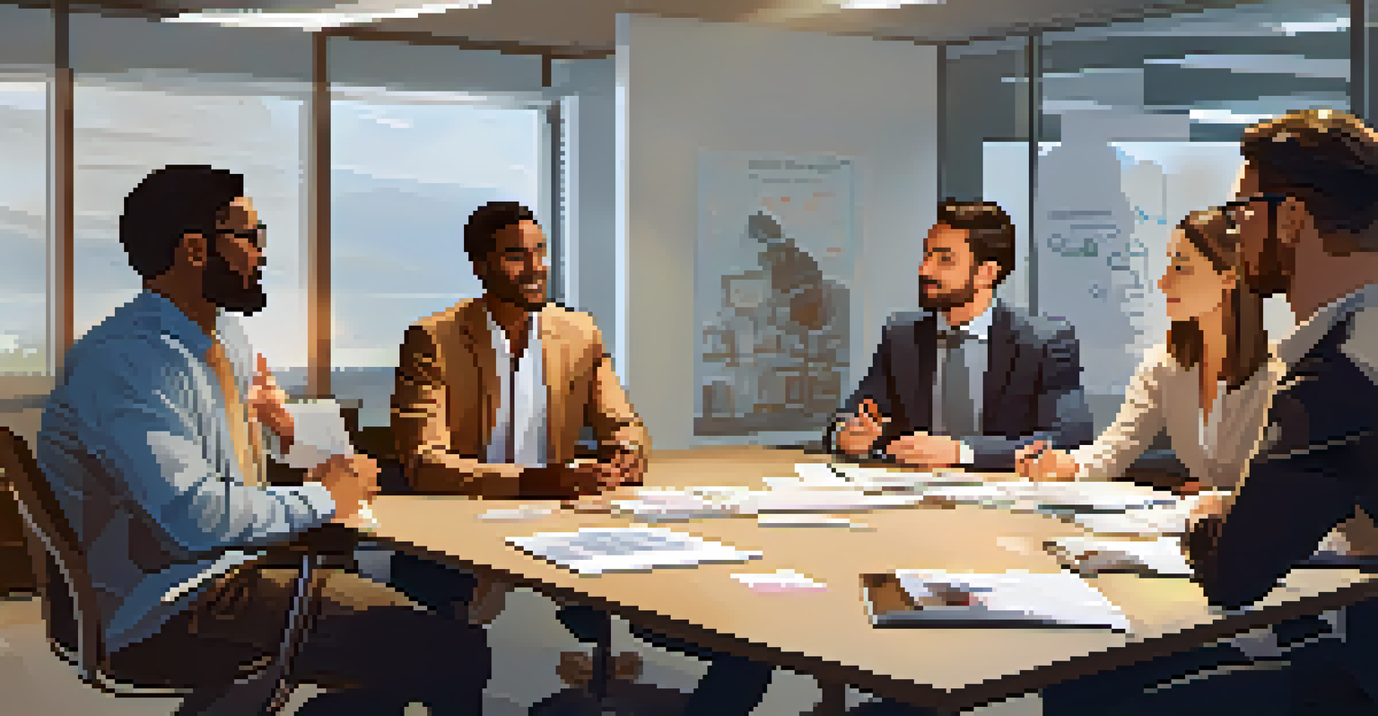 A diverse group of employees discussing around a conference table, with motivational posters in the background.