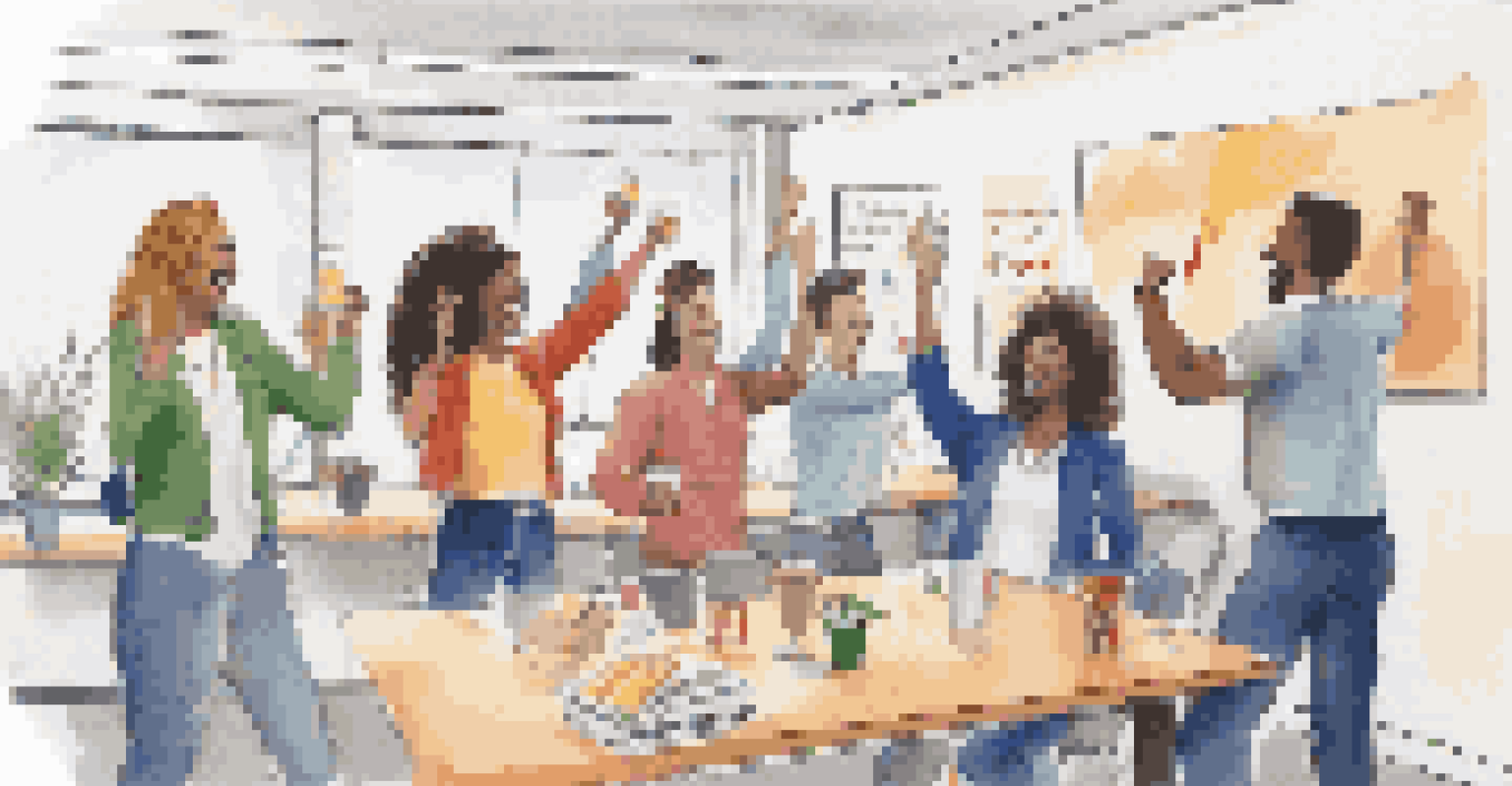 A team celebrating project success in a cozy break room, with smiles and high-fives.