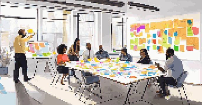 A lively workshop with diverse professionals engaged in brainstorming, surrounded by colorful sticky notes and a whiteboard filled with ideas.
