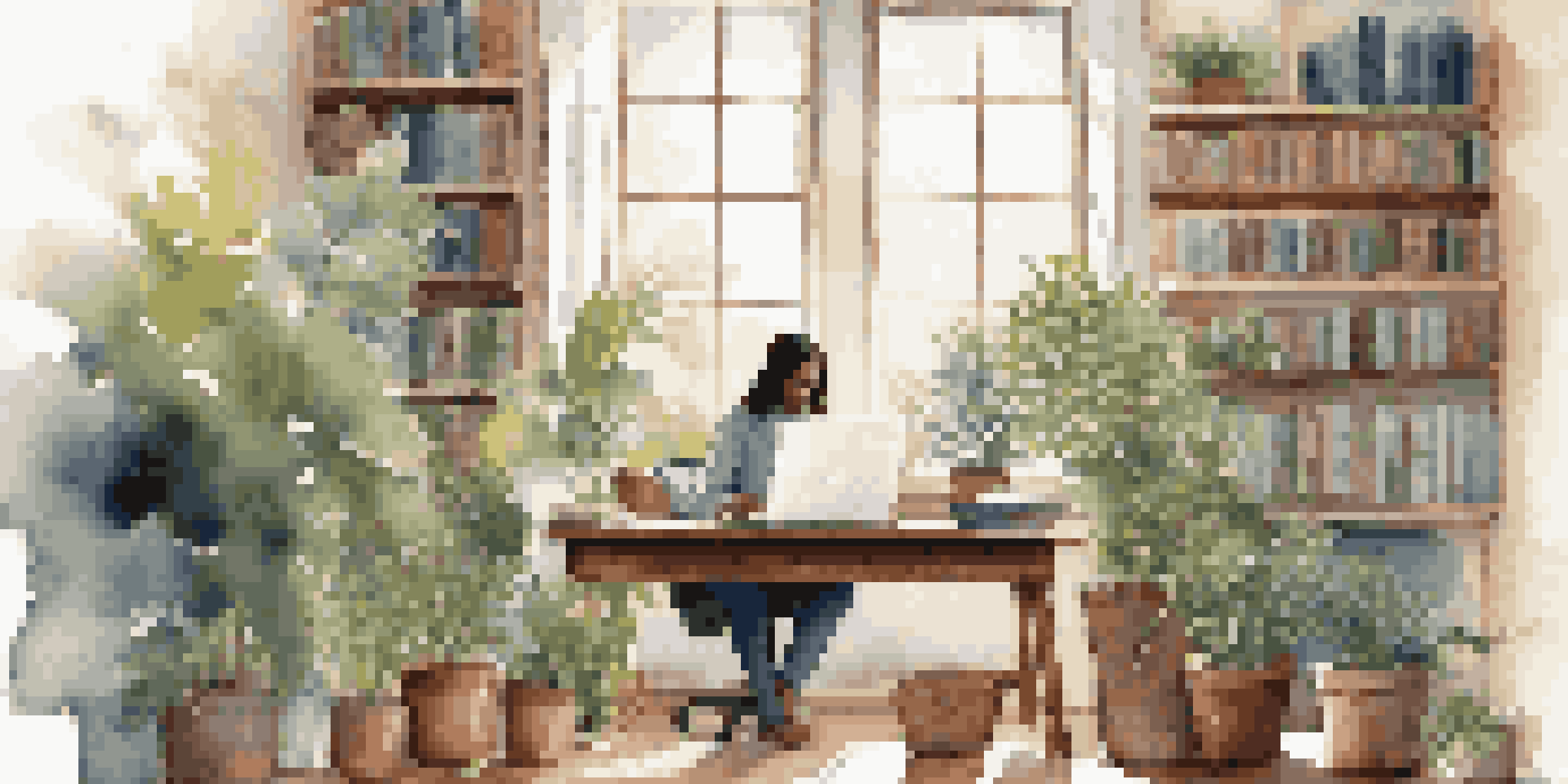 A person working at a desk filled with plants and books, with natural light coming through a window, symbolizing personal growth.