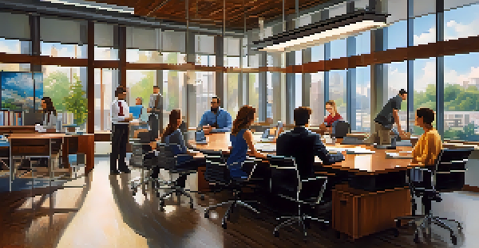 A diverse group of employees in an office, engaged in a collaborative discussion with visible emotions, under natural lighting.