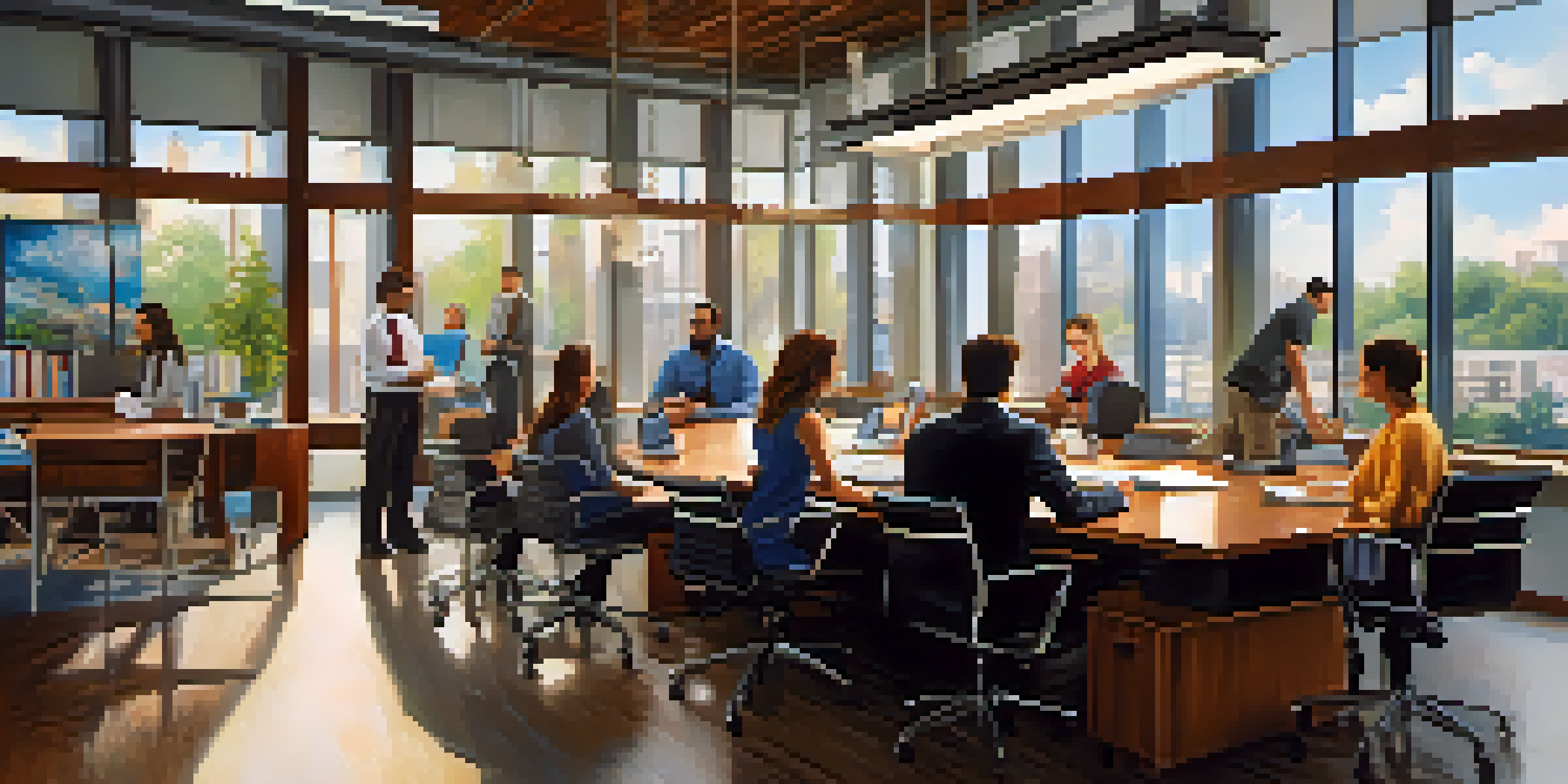 A diverse group of employees in an office, engaged in a collaborative discussion with visible emotions, under natural lighting.