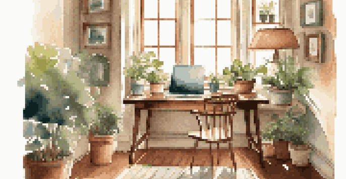 A tranquil home office with a wooden desk, a laptop, a potted plant, and a cozy armchair by a sunlit window.