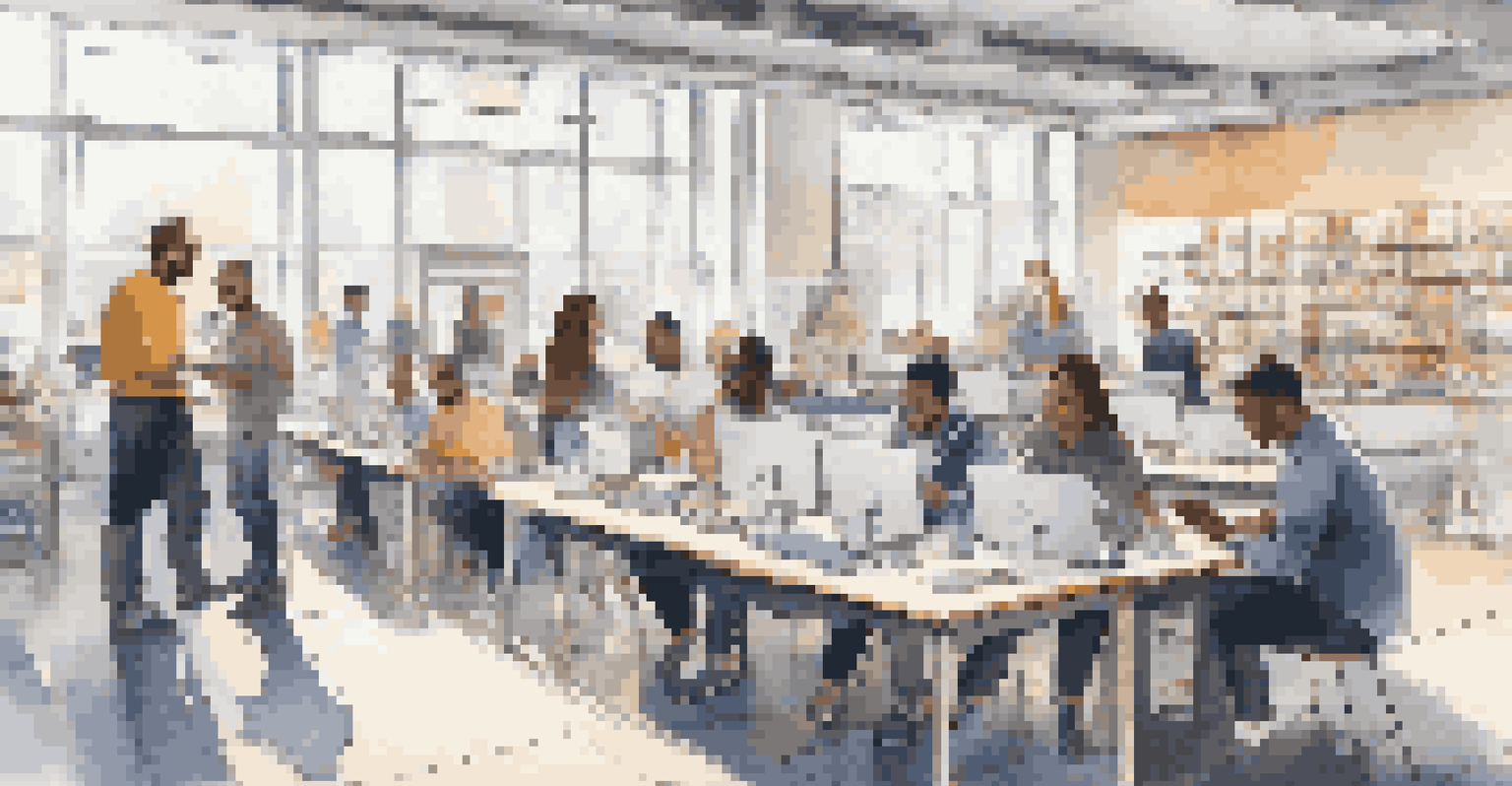 A diverse group of retail employees participating in a training session on AI tools, surrounded by learning materials in a bright and collaborative environment.