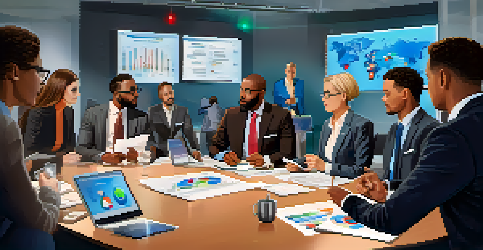 A diverse group of professionals discussing financial strategies at a conference table with documents and a screen displaying graphs.