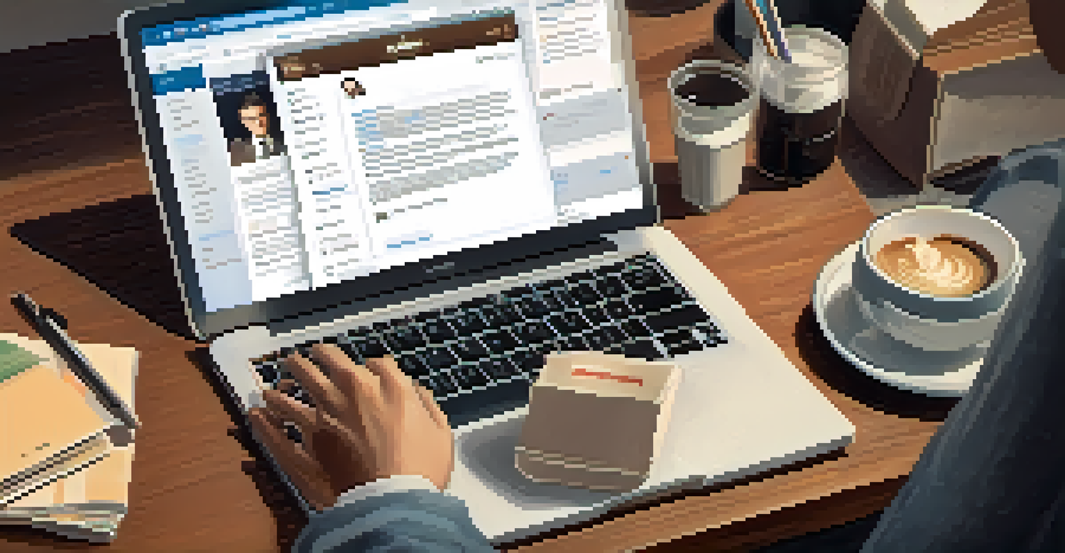 Close-up of hands typing on a laptop with job applications and a smartphone nearby.