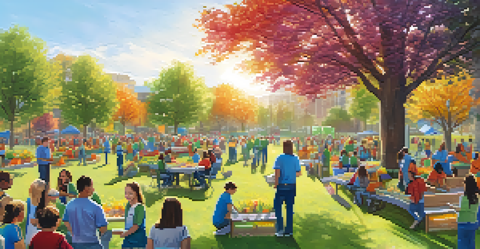 Employees volunteering in a park, planting trees and cleaning, surrounded by families enjoying the outdoor event.