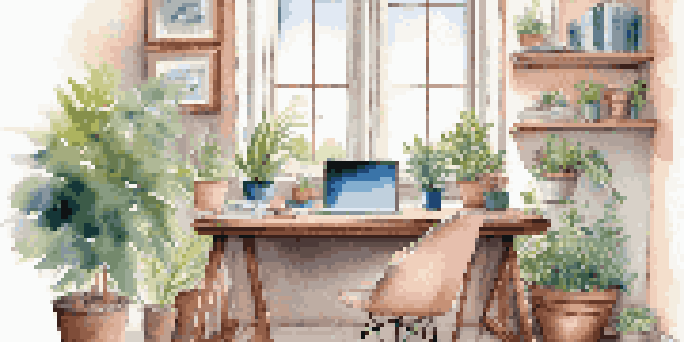A bright home office with a desk, laptop, coffee mug, and a view of a colorful garden outside the window.