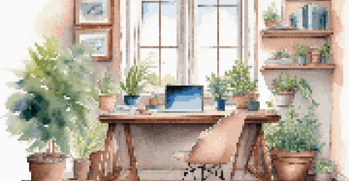 A bright home office with a desk, laptop, coffee mug, and a view of a colorful garden outside the window.