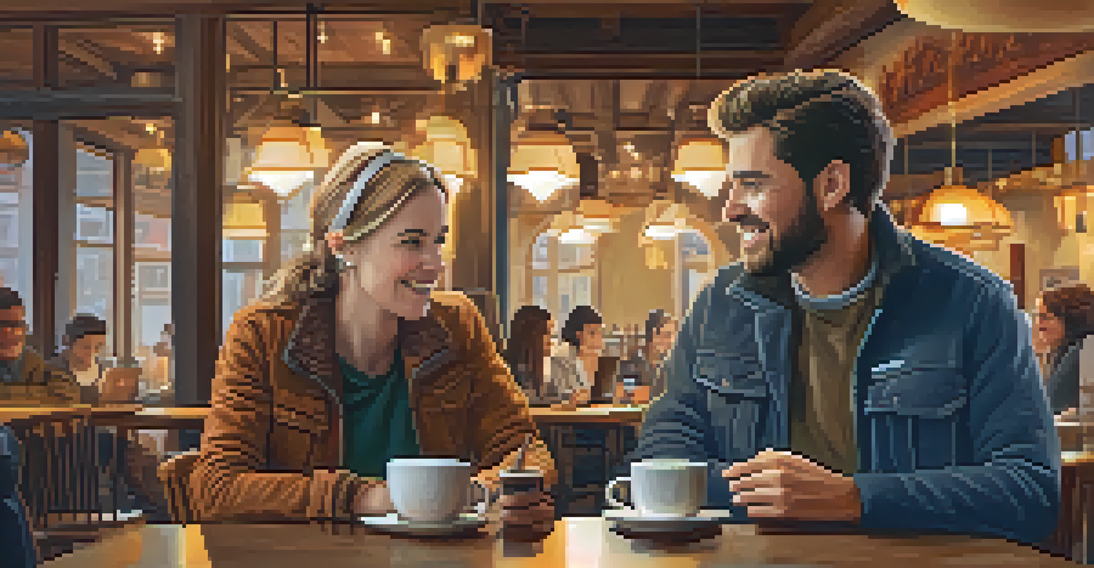 Two volunteers chatting over coffee at a café, with one of them using a laptop to discuss ideas.