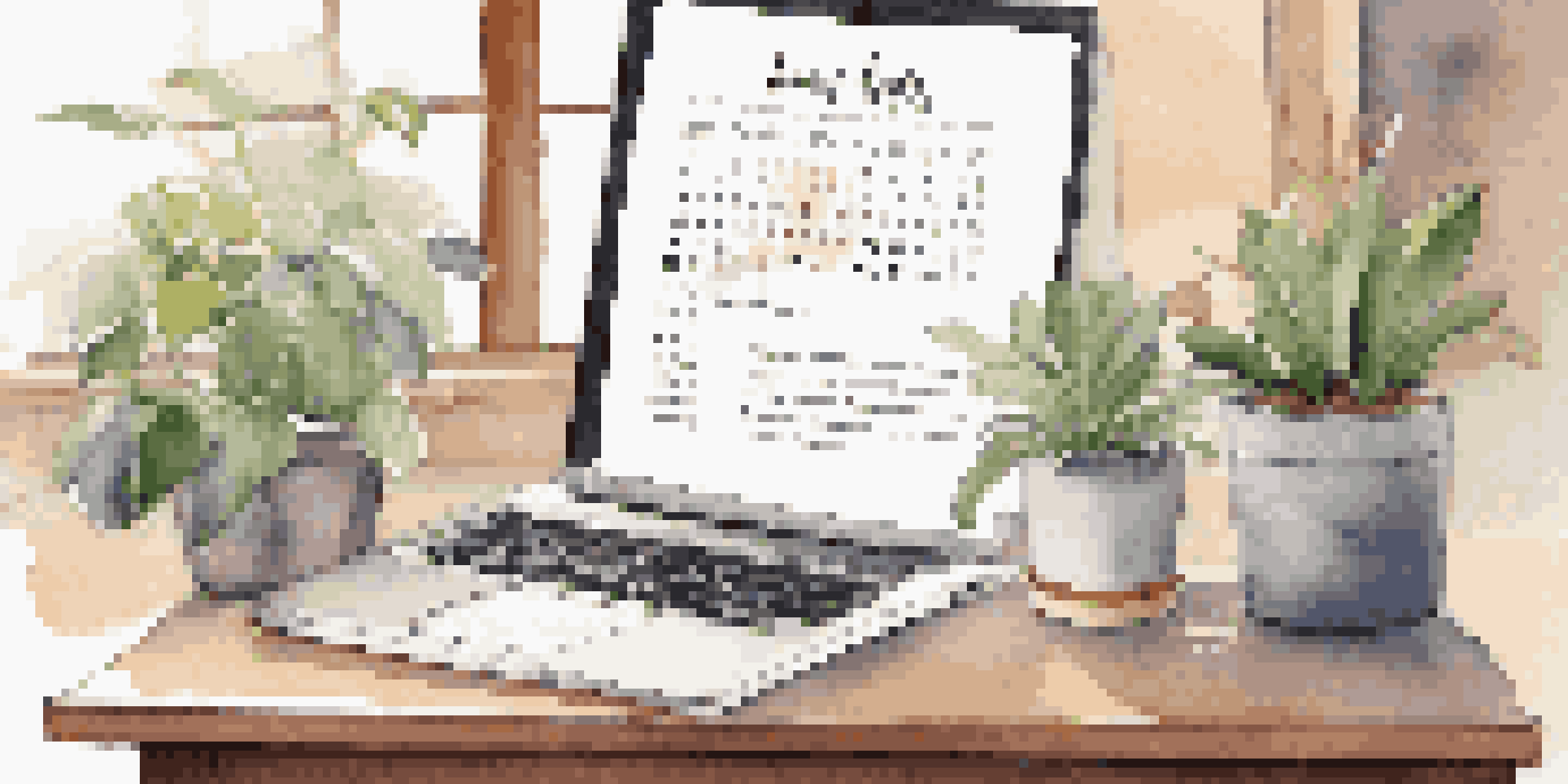 A bright and organized workspace featuring a wooden desk with a laptop, a potted plant, and motivational quotes on the walls.
