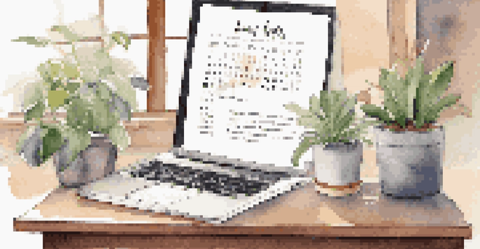 A bright and organized workspace featuring a wooden desk with a laptop, a potted plant, and motivational quotes on the walls.