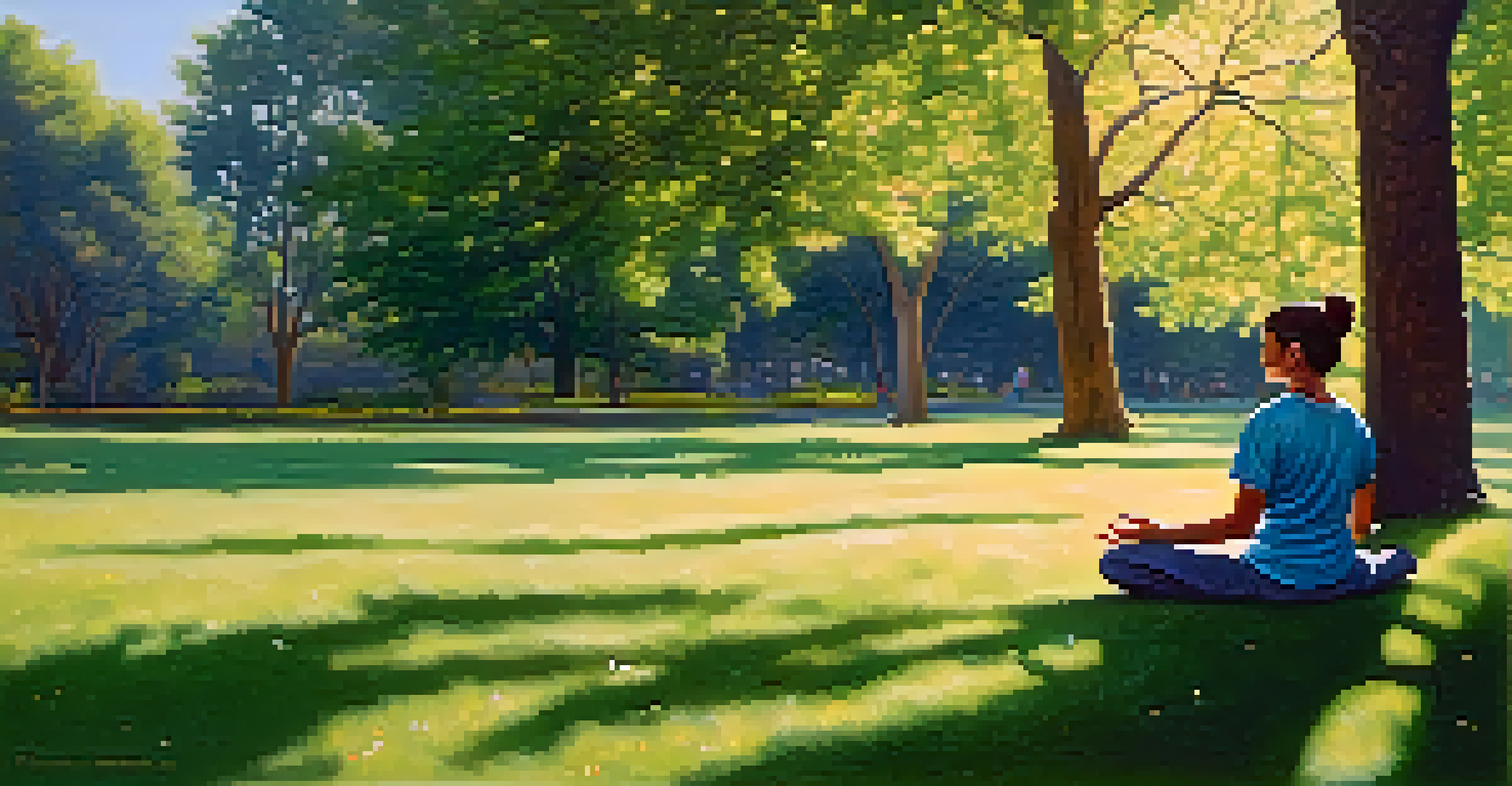 A person practicing mindfulness outdoors in a park, surrounded by trees and flowers, with soft sunlight filtering through the leaves.