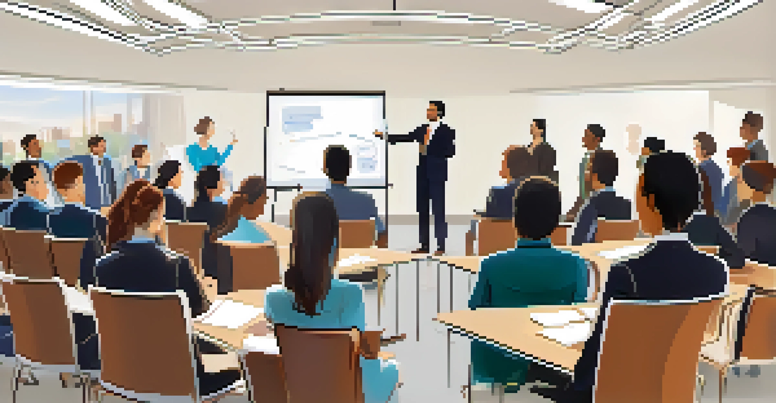 A leader presenting to a diverse audience during a cultural competence training session, with engaging visuals projected in the background.
