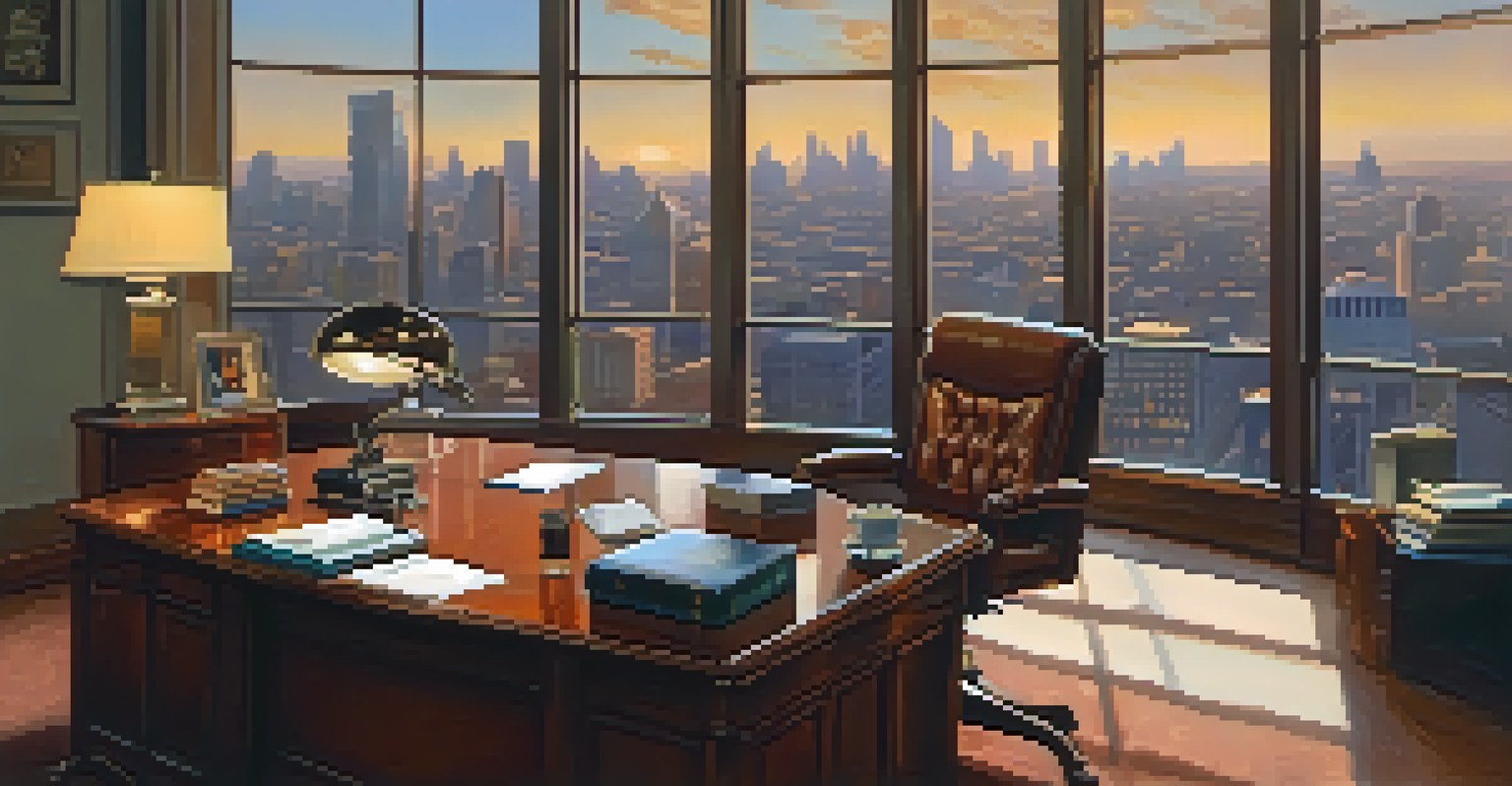 A stylish office featuring a wooden desk, leather chair, bookshelf, and city skyline view.