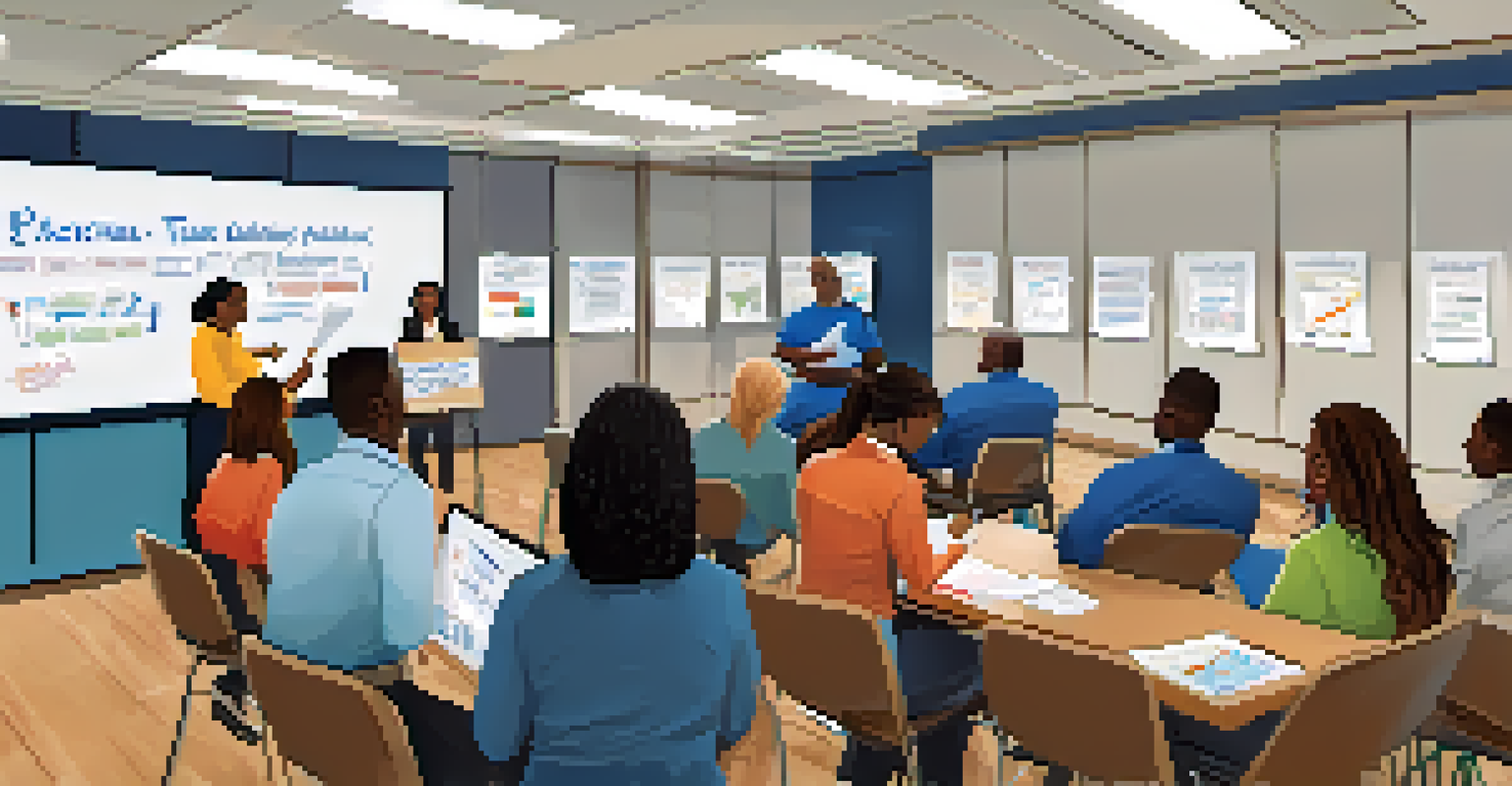 A career workshop with a facilitator and engaged participants, surrounded by motivational posters.