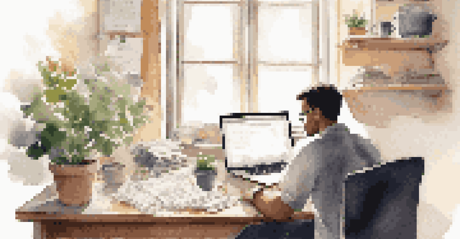 A person deep in thought while working on a laptop at a tidy desk with notes and a coffee cup, illuminated by soft sunlight.