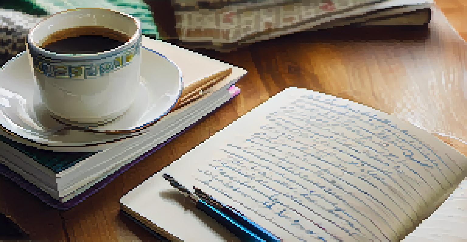 A close-up of a hand writing in a notebook with coffee and colorful pens nearby, illuminated by soft light.