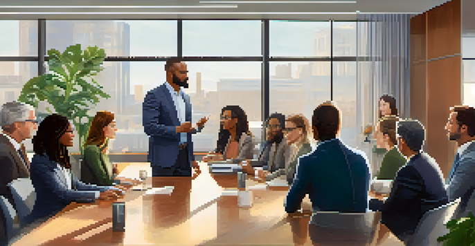 A diverse group of professionals in a meeting, demonstrating active listening as one person speaks and others attentively engage.