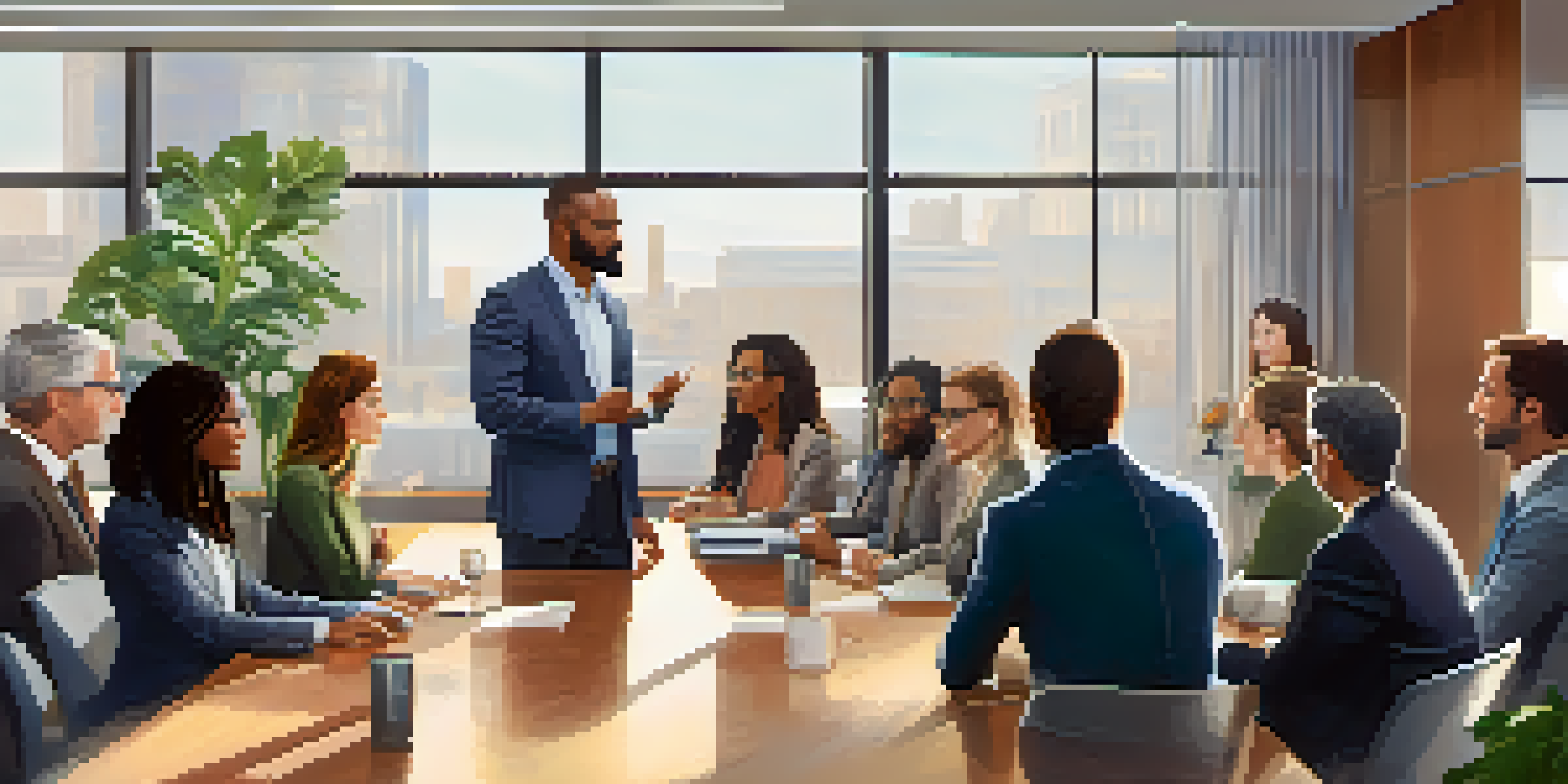 A diverse group of professionals in a meeting, demonstrating active listening as one person speaks and others attentively engage.