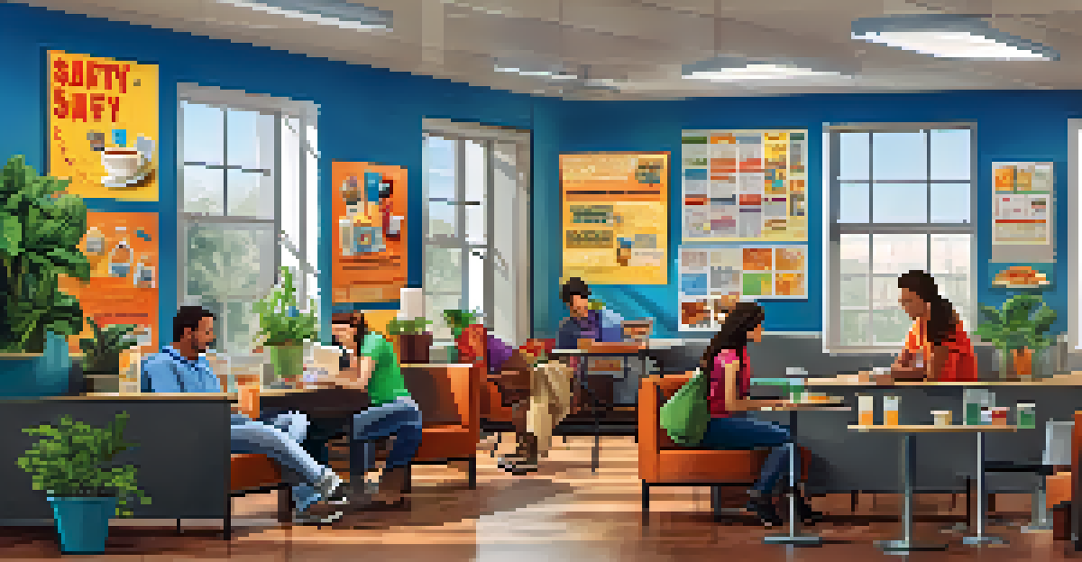 Office break room with employees enjoying snacks and discussing safety in a vibrant setting.