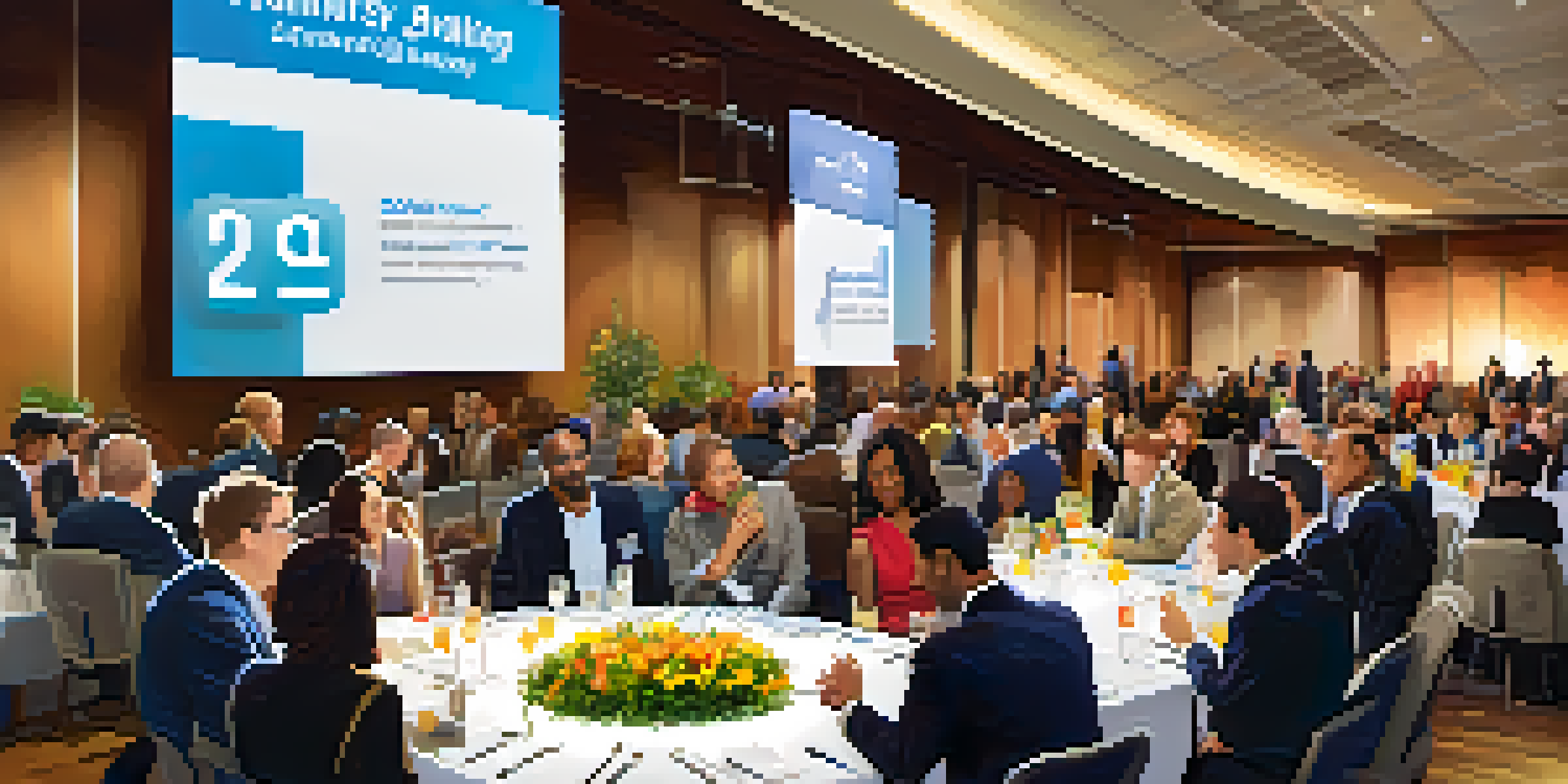 A diverse group of professionals networking at a conference, with warm lighting and industry logos in the background.