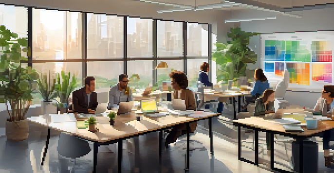 A diverse group of colleagues collaborating in a bright office space filled with natural light and greenery.