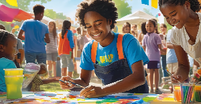 A volunteer assisting children with arts and crafts outdoors, surrounded by colorful materials and bright sunlight.