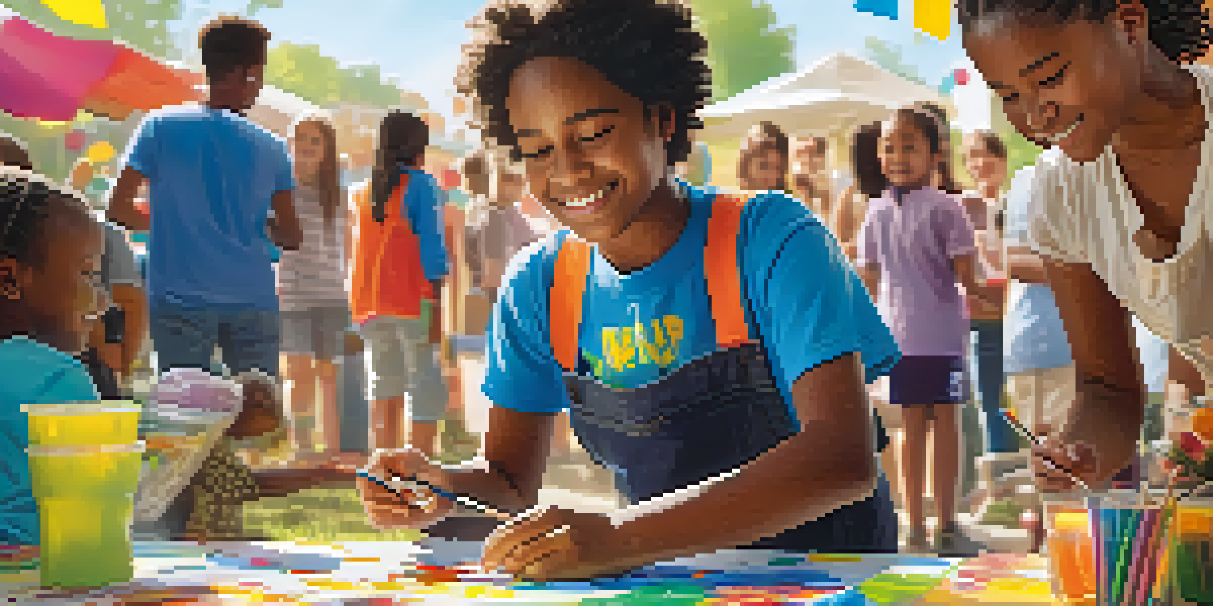A volunteer assisting children with arts and crafts outdoors, surrounded by colorful materials and bright sunlight.