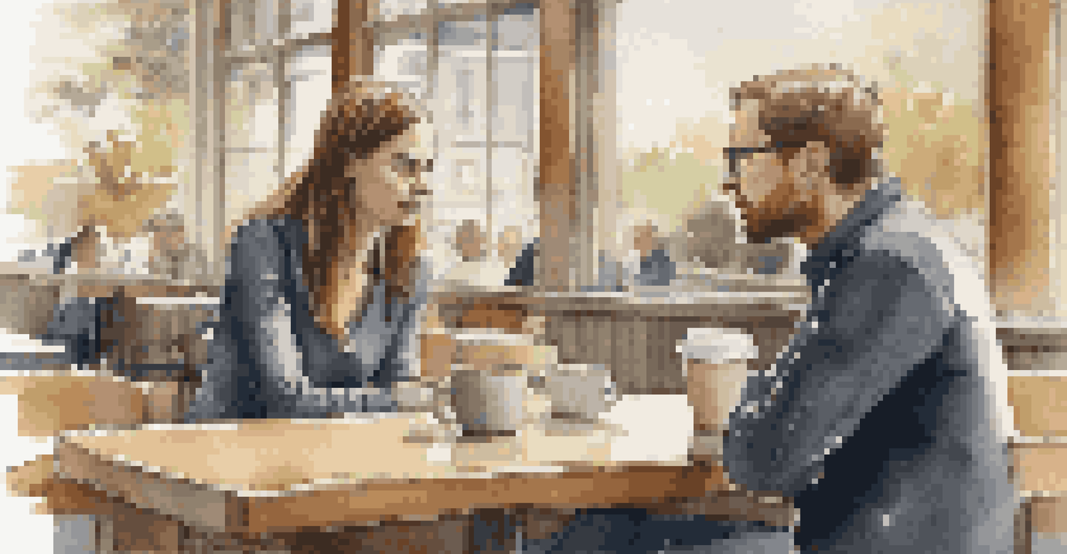 Two individuals having an informational interview in a cozy coffee shop with natural light and coffee cups.