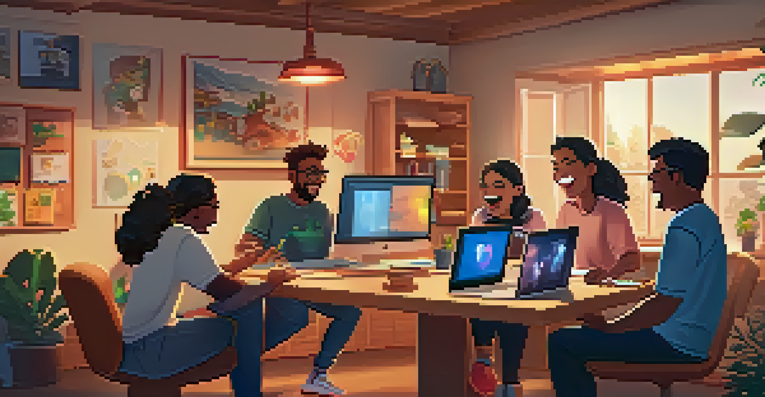 Team members engaged in a virtual team-building game, showing animated characters on the screen and a fun, joyful atmosphere in their home offices.