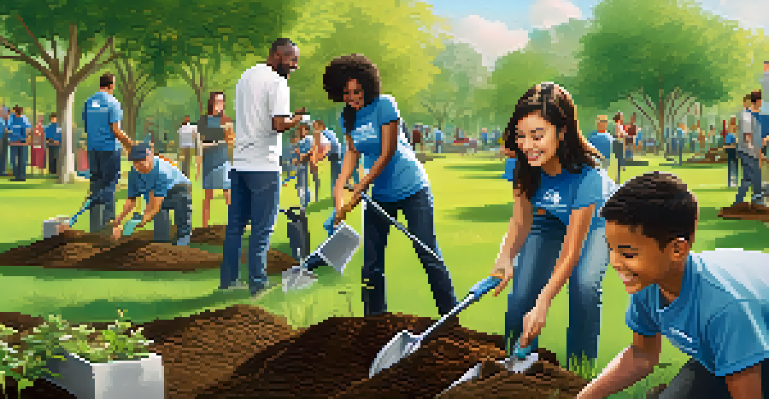 Company employees planting trees in a community park, showcasing teamwork and environmental responsibility.