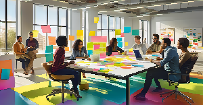 A diverse group of employees collaborating in a bright, modern office space, surrounded by colorful post-it notes and laptops, emphasizing teamwork and cultural inclusivity.