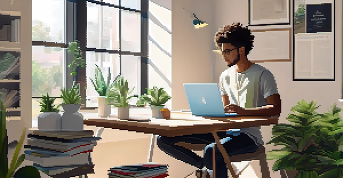 A young professional focused on learning at a modern desk, with books and a laptop in a bright room.