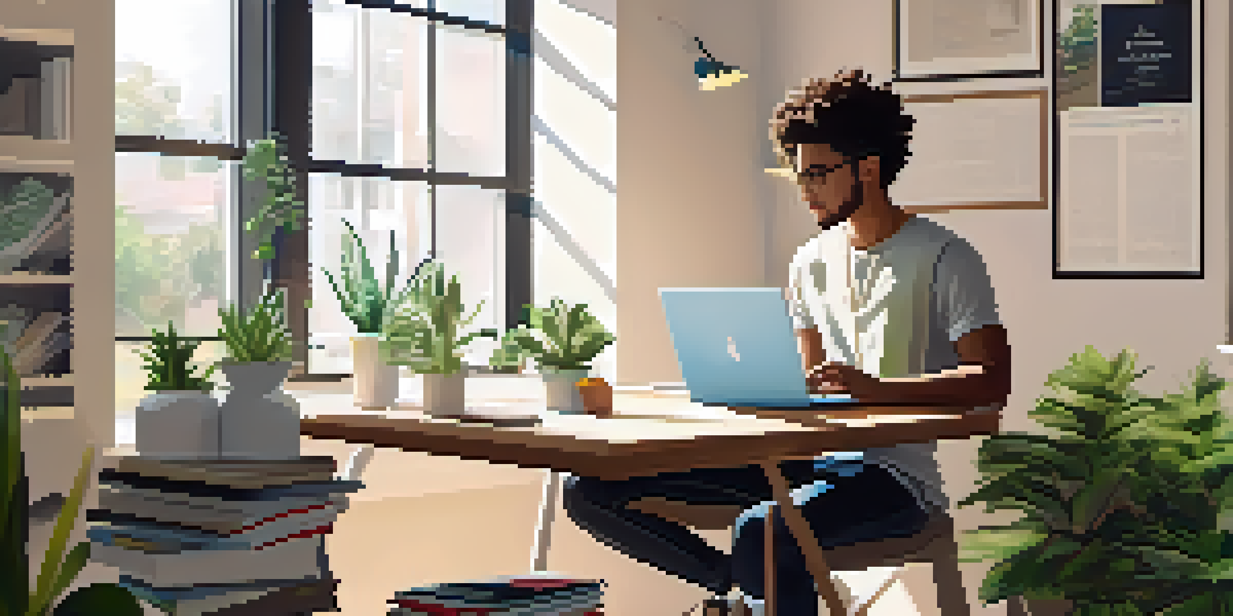 A young professional focused on learning at a modern desk, with books and a laptop in a bright room.
