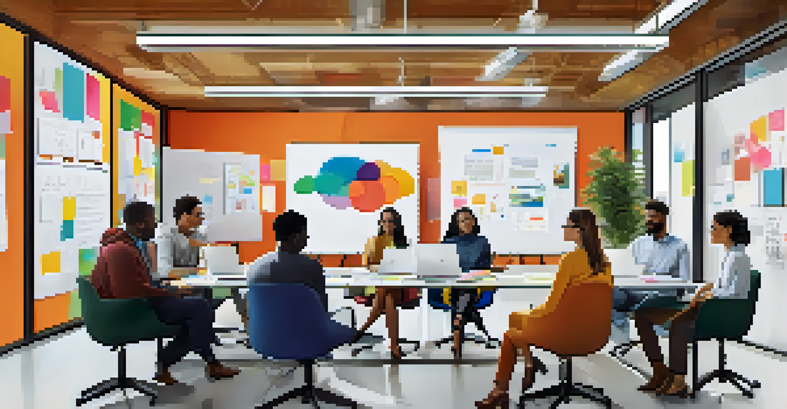 A diverse team of professionals collaborating in a vibrant workspace with large windows and colorful whiteboards.