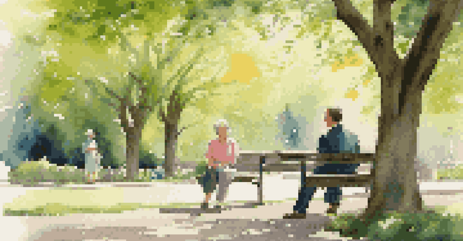 A young man and an older woman conversing on a bench in a park, engaging in a mentorship discussion.