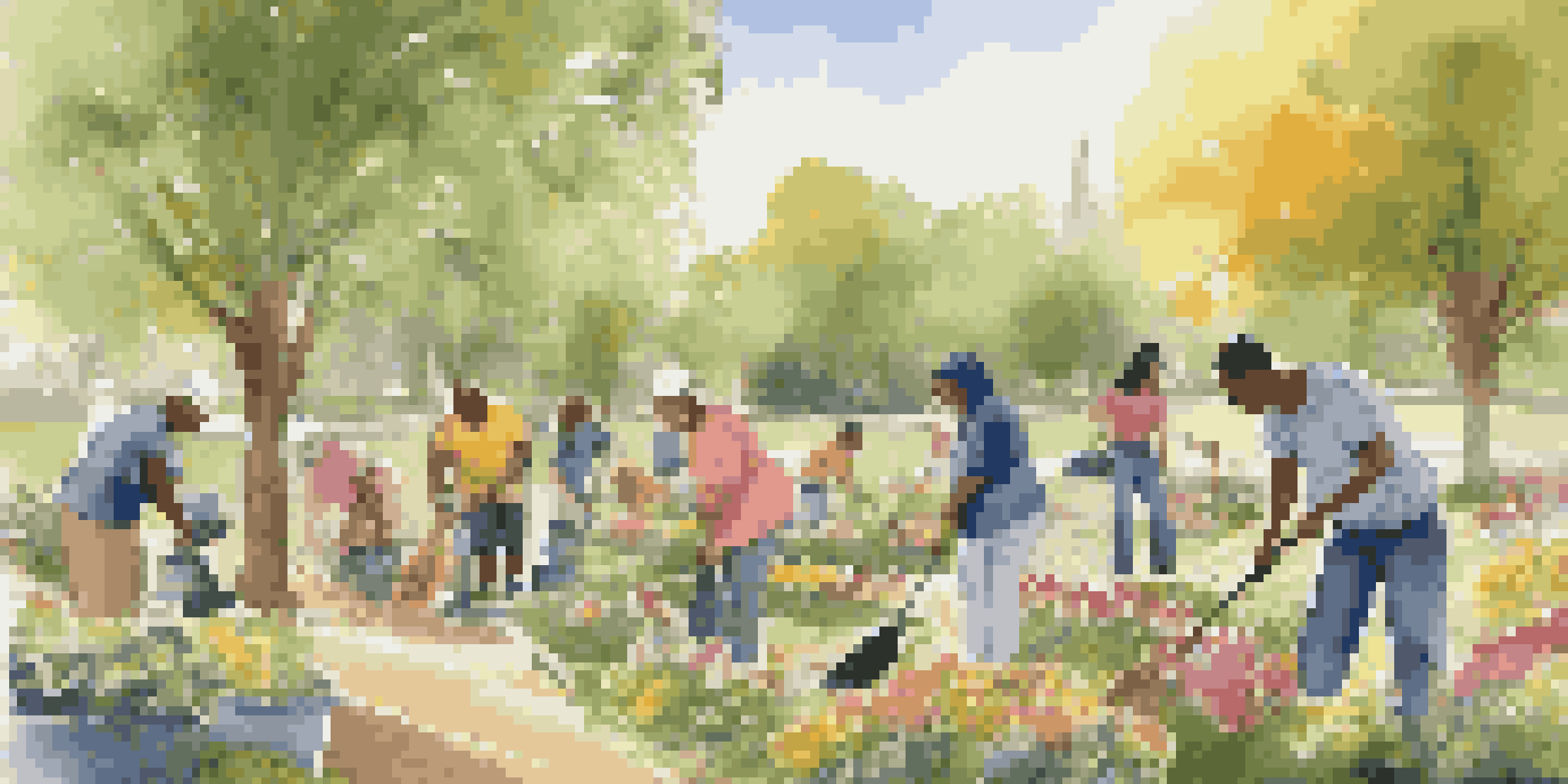 A diverse group of people engaged in a community clean-up event in a park, showcasing teamwork and environmental care.
